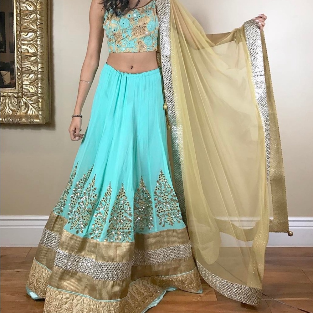 Embroidered Teal and Gold Lehenga Set